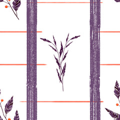 Purple branches with orange berries on a white background with colored stripes. Digital drawing, seamless pattern.