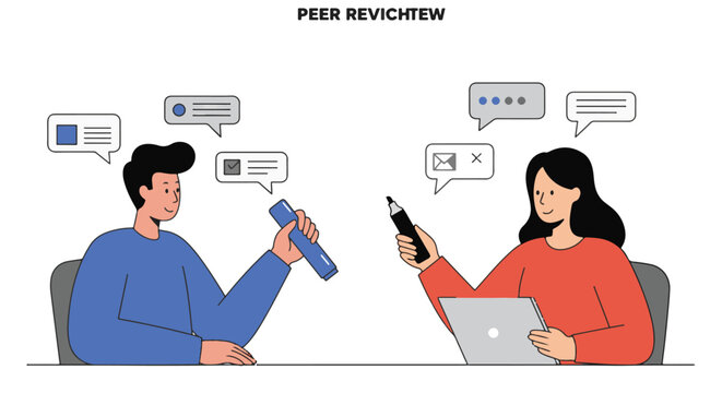 Illustration of two people discussing feedback and peer review on a project together