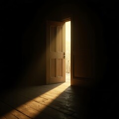 Warm light spills into a dark room through an open wooden door