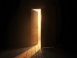 Open door leading to bright opportunity in dark room
