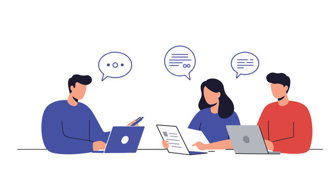Illustration of three people collaborating in a meeting with laptops and speech bubbles