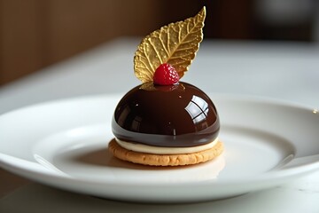 Delicious chocolate mousse dessert with golden leaf and raspberry on plate