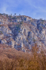 Mountain landscape in the Carpathian Mountains, Romania, Mehedinți, on a snowless winter day.