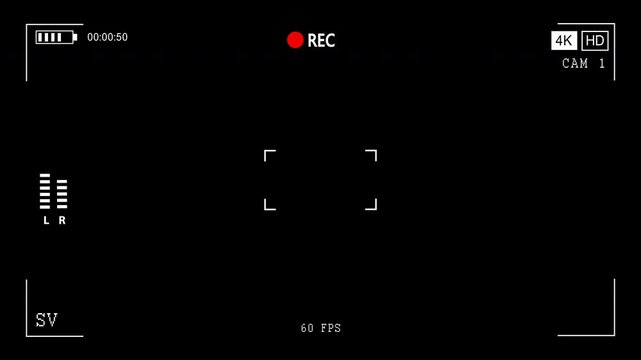 camcorder recording screen Digital camera recording interface overlay on a black screen with REC indicator, 4K HD label, timecode, battery icon, and stock watermark, resembling a professional video vi