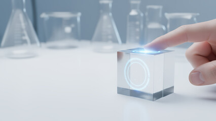 Futuristic technology concept with hand interacting on transparent cube symbolizing longevity and research in scientific innovation and discovery