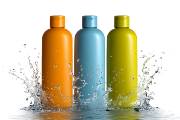 Splashing water around shampoo container isolated on transparent background