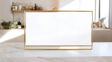 Blank white card in gold frame on marble table, elegant mockup for menu or invitation in bright kitchen interior.