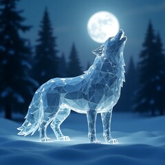 Crystal wolf howls under full moon in snowy forest landscape