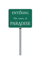 Vector illustration of the Paradise (Nevada) entering green road sign on metallic post
