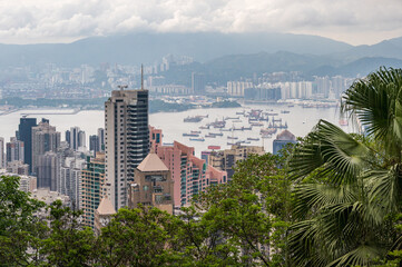 View of Hong Kong and Kowloon from Victoria peak. Panorama of Hong Kong, skyscrapers and nature.