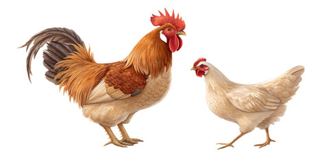 Fototapeta premium Realistic rooster and chicken standing together. Farm poultry animals shown full body in a natural pose, isolated on transparent background, PNG. Ideal for farming concepts, poultry industry visuals, 