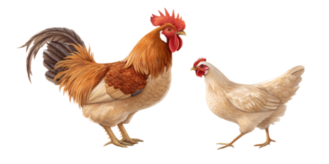 Realistic rooster and chicken standing together. Farm poultry animals shown full body in a natural pose, isolated on transparent background, PNG. Ideal for farming concepts, poultry industry visuals, 