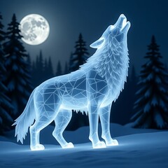 Glowing wolf howls under moonlight in snowy forest landscape