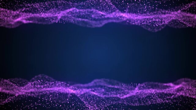 Abstract purple particle flowing wave effect on dark blue background with demo text