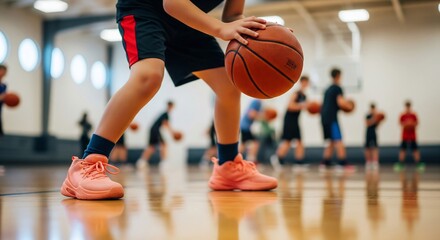 Youthful basketball player practicing dribbling in gym with teammates