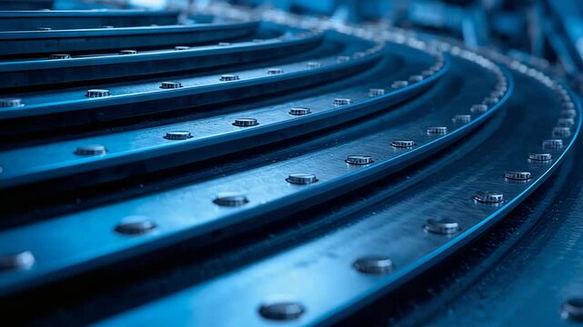 Curved metallic industrial tracks with bolts forming repeating pattern and strong perspective