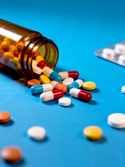 Close-up of various colorful medical pills and capsules spilling out of an amber pill bottle onto a bright blue background. Concept of pharmaceutical healthcare and medical treatment.