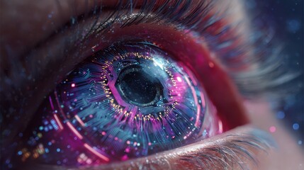 Cybernetic eye concept art: a female gaze woven from microchips and light