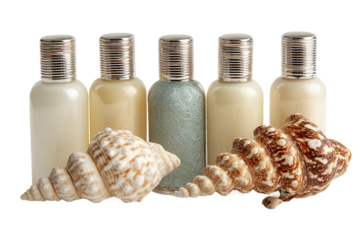 Spa skincare bottles styled with seashell decor isolated on transparent background