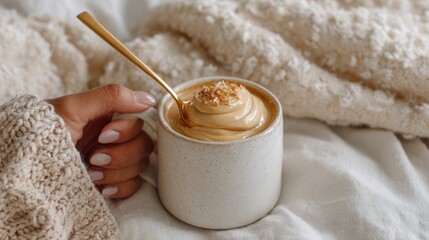 Warm drink enjoyed on a cozy blanket
