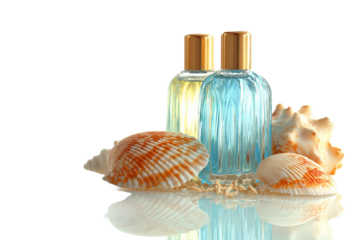 Ocean themed skincare bottles with shell decor isolated on transparent background