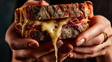 Warm sandwich with cheese in hands
