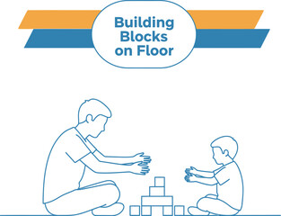Naklejka premium Black outline Vectoreof a father and son playing with building blocks on the floor