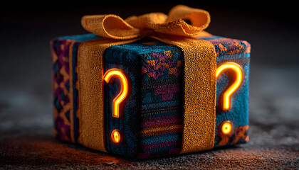 Dark gift box tied with orange ribbon features glowing question marks on sides. Abstract patterns adorn surface, suggesting mystery prize or unknown content. Use for promotions, surprises, or gaming.