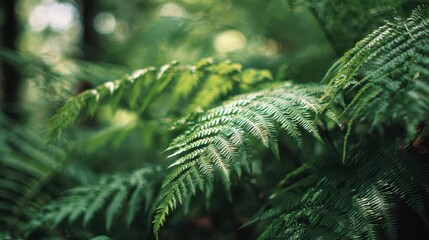 Dense fern fronds form a lush green background with natural light
