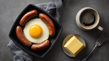 Breakfast with sausages and egg