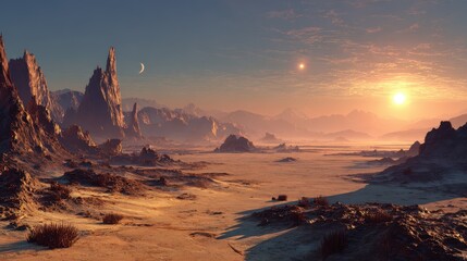 Deserted alien planet landscape under twin suns, with jagged rock formations