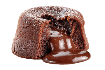 Freshly cut lava cake slice with melted chocolate isolated on transparent background