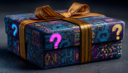 Dark gift box tied with orange ribbon features glowing question marks on sides. Abstract patterns adorn surface, suggesting mystery prize or unknown content. Use for promotions, surprises, or gaming.