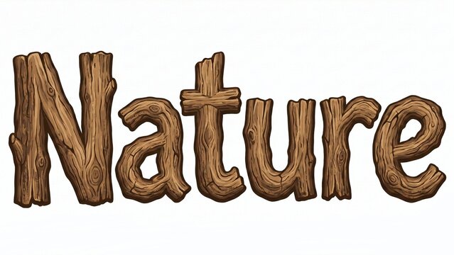 Wooden texture "Nature" text illustration. Cartoon style lettering made of brown tree bark and timber logs