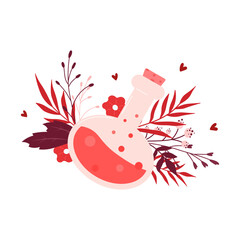 Hand drawn love potion bottle with floral botanical composition and hearts. Valentine&rsquo;s Day illustration in red and pink colors