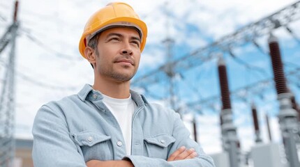 Confident male engineer in hard hat standing with crossed arms at electrical power substation.