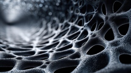 Abstract dark microscopic view of a complex porous lattice structure