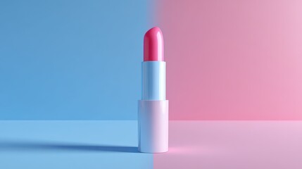 Minimalist pink lipstick tube on a split blue and pink background