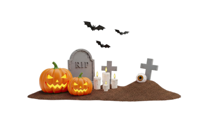 Halloween Scene with Jack-o'-lanterns, Tombstone, and Bats
