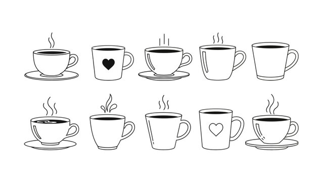 Collection of Hand Drawn Coffee Cups with Steam and Heart Designs.