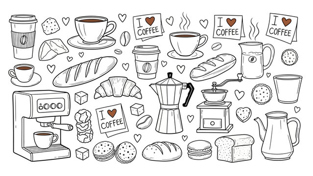 Collection of Coffee Related Items and Baked Goods.