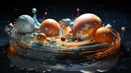 Colorful caramel-swirled spheres float in glossy liquid waves with splashes and droplets, creating a vibrant cosmic-inspired dessert scene full of motion and texture.