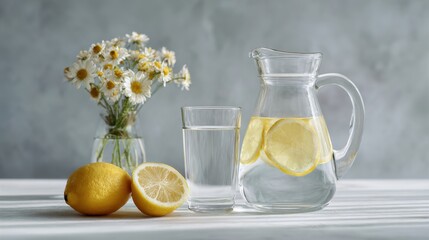 Lemon water with flowers on table