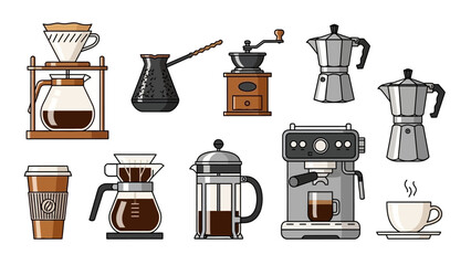 Collection of Coffee Making Equipment and Drinks.