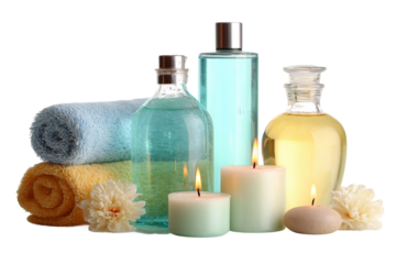 Wellness scene with skincare product and glowing candles isolated on transparent background