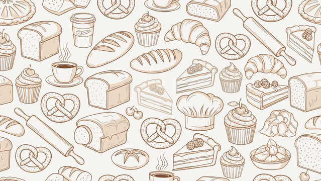 Delicious Bakery Assortment Seamless Pattern Hand Drawn Sketch.