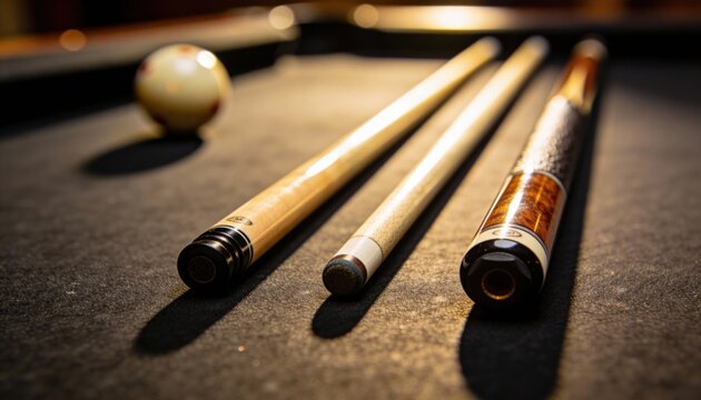 Pool Billiard Balls and Cues on Dark Surface, Sport Game Elements - Pool Room Essentials - Billiards Focus