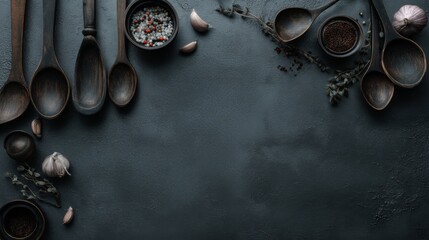 Rustic wooden spoons and bowls arranged on dark textured surface with garlic cloves and spices, perfect for culinary and food photography projects