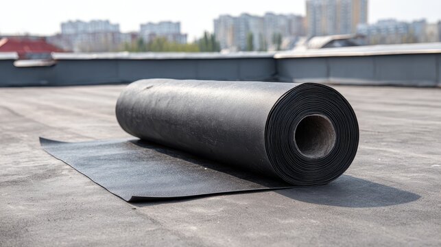 Roll of black bitumen roofing felt on a flat roof for waterproofing