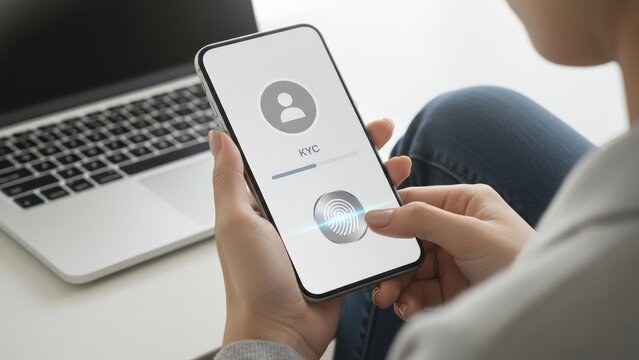 A person using a phone with fingerprint scan for Know Your Customer Digital Verification in modern digital workspace